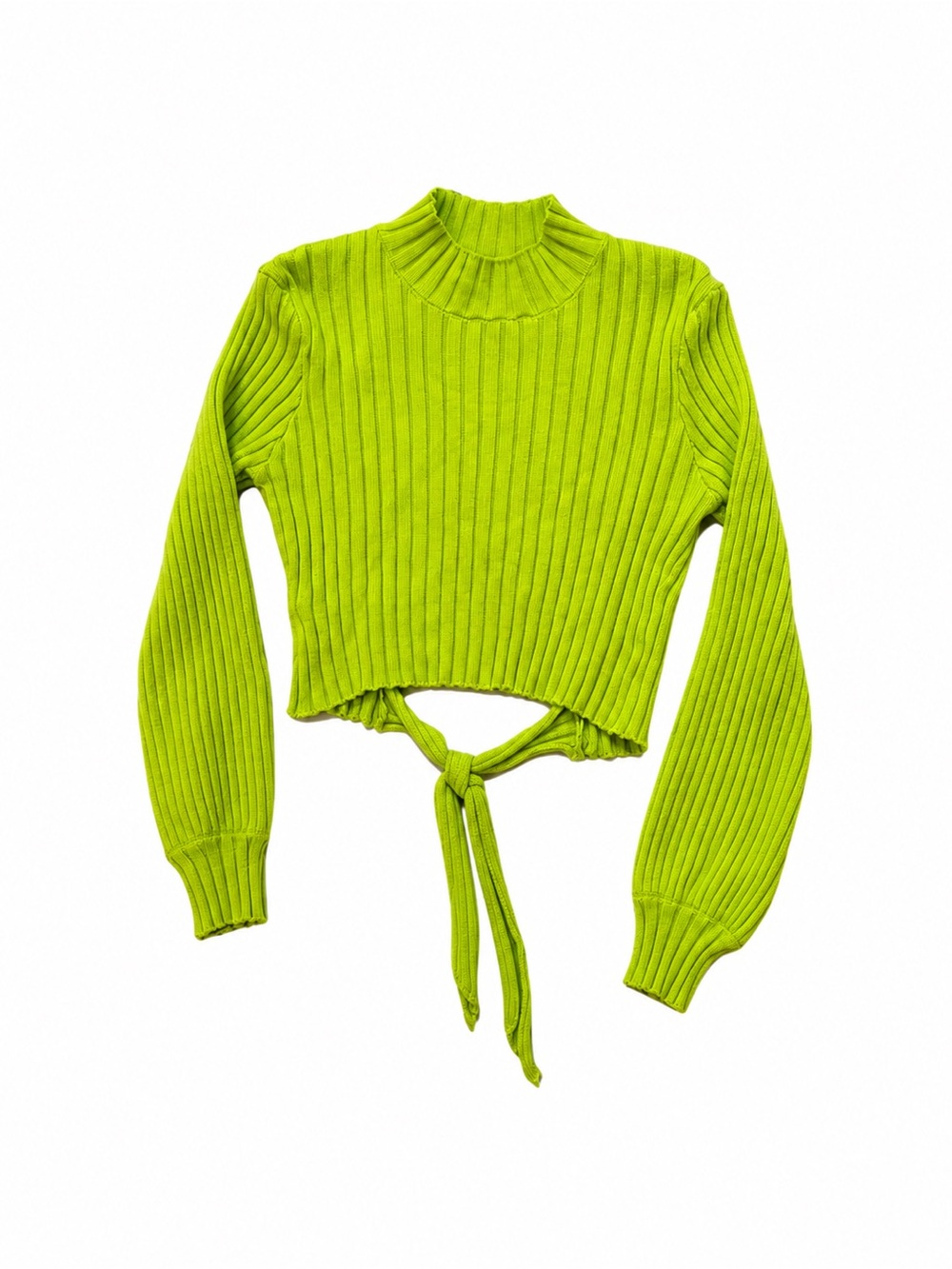 Women's Ribbed Cowl-Neck Tie-Front Sweater - Lime Green